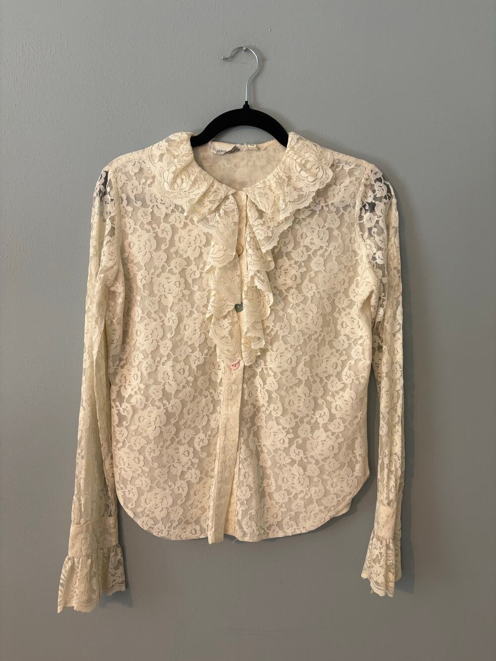 Vintage cream lace long sleeve collared shirt, women's size M